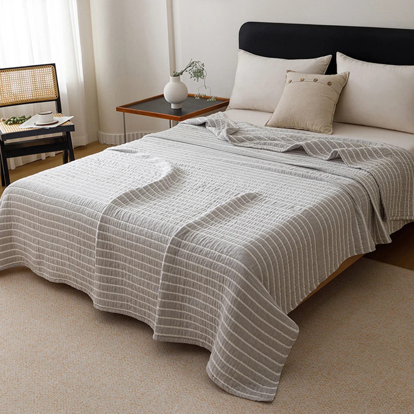 Japanese Simple Striped 100% Cotton Blanket Soft Breathable 3-layer Muslin Throw Blanket for Sofa Bed Lightweight Summer Blanket