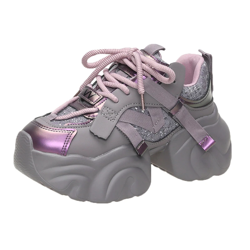 

Женские осенне-весенние массивные кроссовки, кожаная обувь на толстой подошве, вулканизированная обувь на высокой платформе, блестящая повседневная спортивная обувь для папы, 7 см