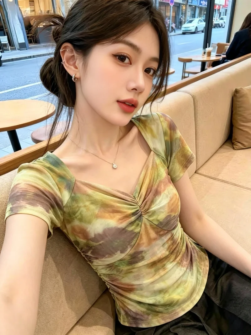 

Retro Tie Dye Mesh Short Sleeve T-Shirt Women's Summer New Folded Waist Thin Top Self Preservation Style Korean Version Slim Fit