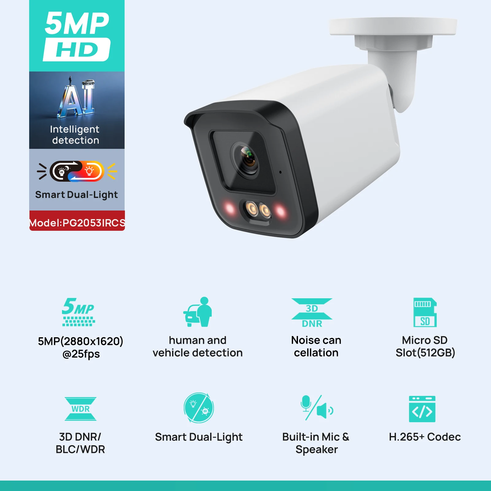 VIKYLIN IP Security Camera 5MP Smart Dual Light Two-way Audio Poe Human Vehicle Detection ONVIF SD Storage IP66 Outdoor Bullet