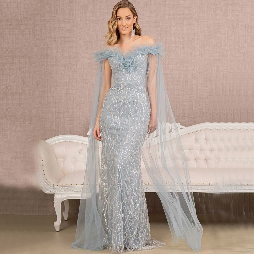 

Exquisite Shiny Mermaid Evening Dress Off the Shoulder Illusion Floor Length Sleeves for Women Famous Party Wedding Guest Gowns