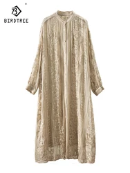 Birdtree 100% Silk Embroidered Lace Dress, Chinese Women's Fashion 2026 New Summer, O Neck Wrist Sleeve Long Dresses D37469QC