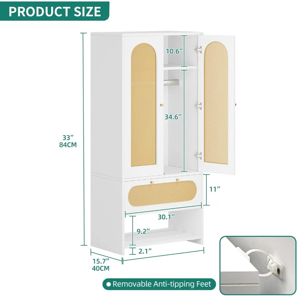 طقم خزانة ملابس من الروطان مقاس 70 بوصة مع أبواب، وخزانة تخزين كبيرة مع أدراج وقضيب تعليق لغرفة النوم، وخزانة خزانة الملابس
