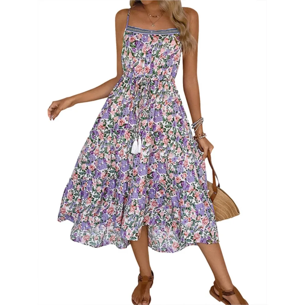 Novo europeu e americano casual em camadas camisola saia com cordão floral impressão vestido elegante mujer 2025 roxo