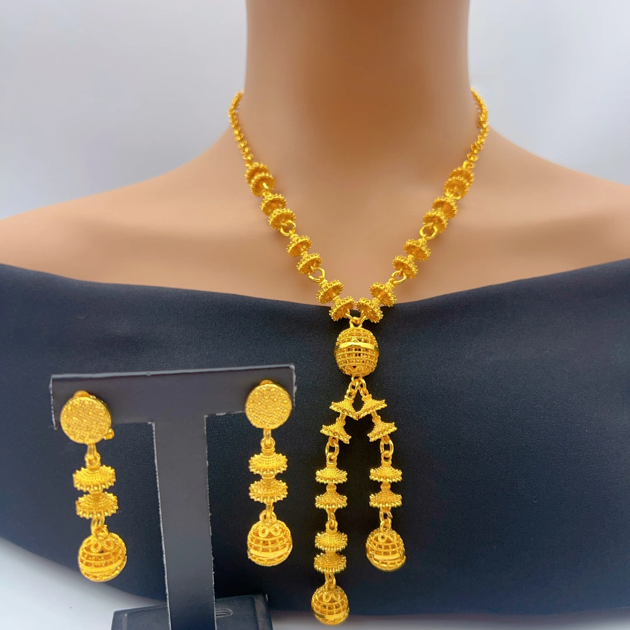 African 24k Gold Color Bead Necklace And Earrings Set Wedding Indian Long Jewelry Sets Bridal for Dubai Party Gifts