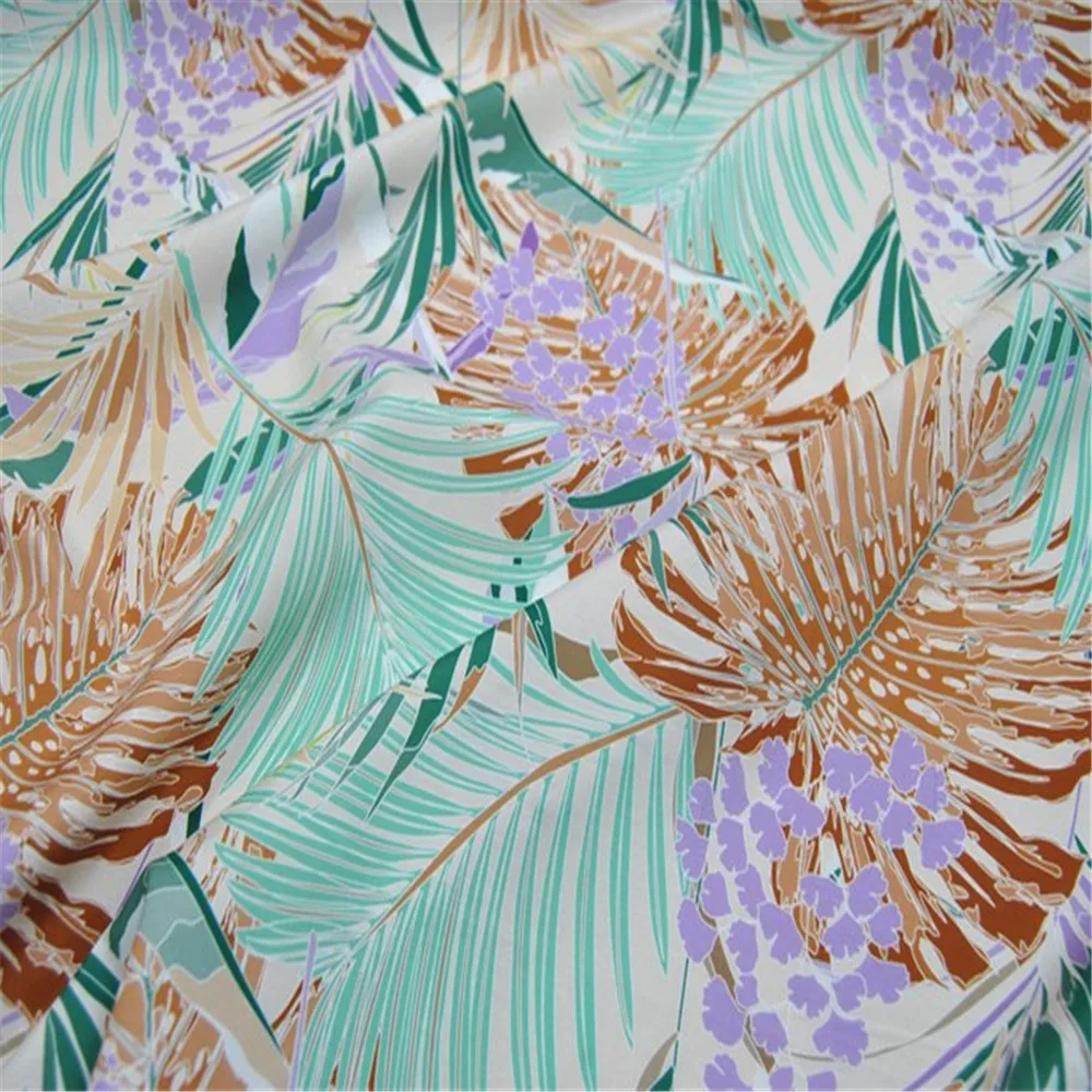 Breathable Ins Style Leaf Print Fashion Silk Blend Cotton Fabric for Girl Summer Beach Charming Dress Clothes
