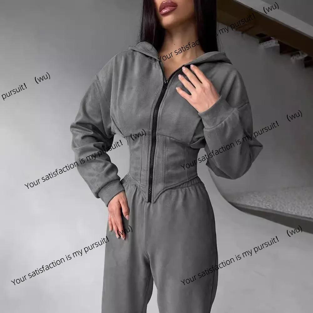 

European and American style autumn and winter women's clothing solid color waist hooded sweater trousers set sports and leisure