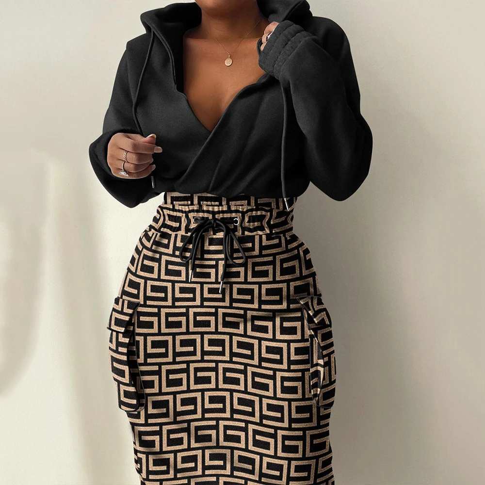 Women\'s Dress Plaid Drawstring Retract Waist Hooded Dresses 2024 Autumn Winter Warm Newspaper Print Sweatshirt Dresses For Women