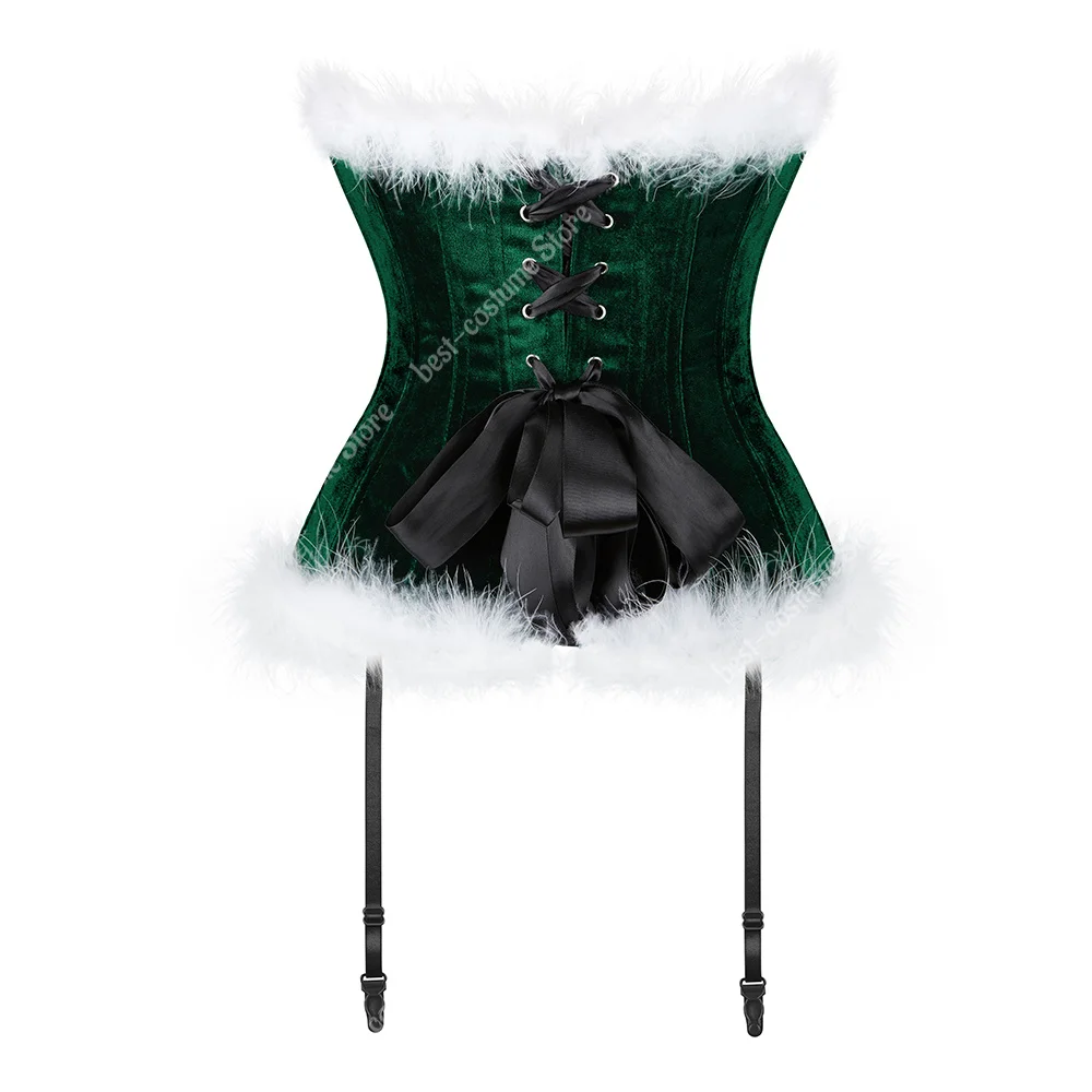 Bustier Top Corset with Feathers White Overbust Corset Top Christmas Costume Santa Cosplay Red Green Bodices and Corsets