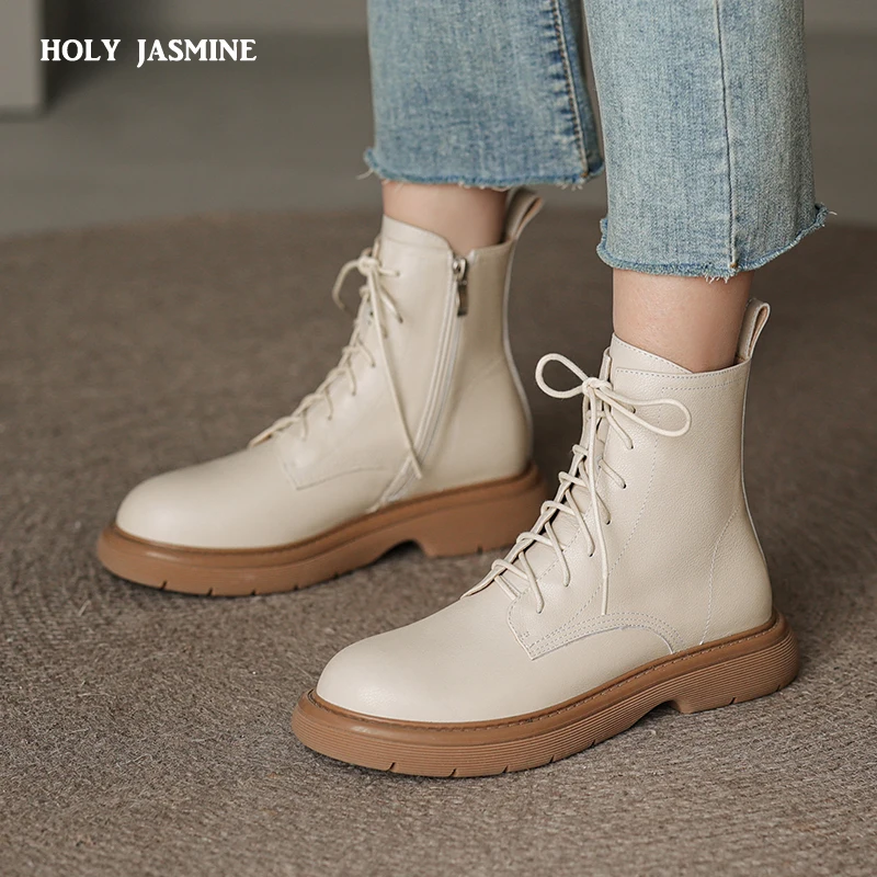 2022 New Side Zipper Women Ankle Boots Outdoor Casual Autumn Winter Thick Heels Fashion Cross-Tied Genuine Leather Shoes Woman