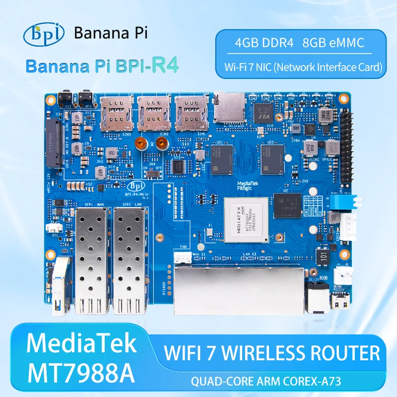 Banana Pi BPI-R4 MediaTek MT7988A (Filogic 880) quad-core Arm Corex-A73 4GB DDR4 8GB eMMC Support Openwrt Smart Router Board