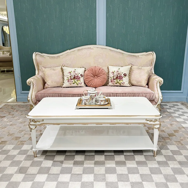French sofa 123 combination, European fabric living room simple solid wood embroidery pink