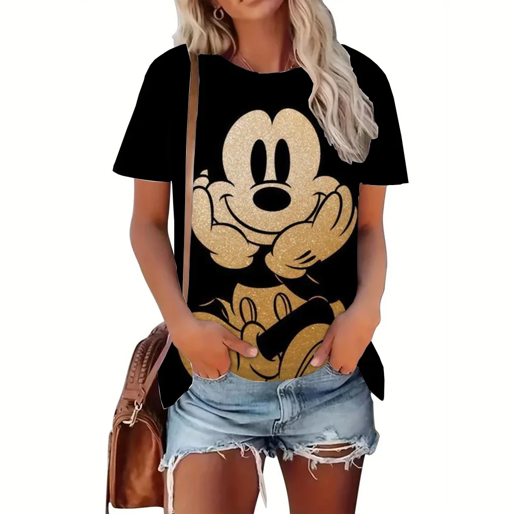 ديزني ميكي ماوس طباعة الكرتون تي شيرت بلايز للنساء سيدة الصيف الإناث تي شيرت أسود س الرقبة الساخن تيز تي شيرت