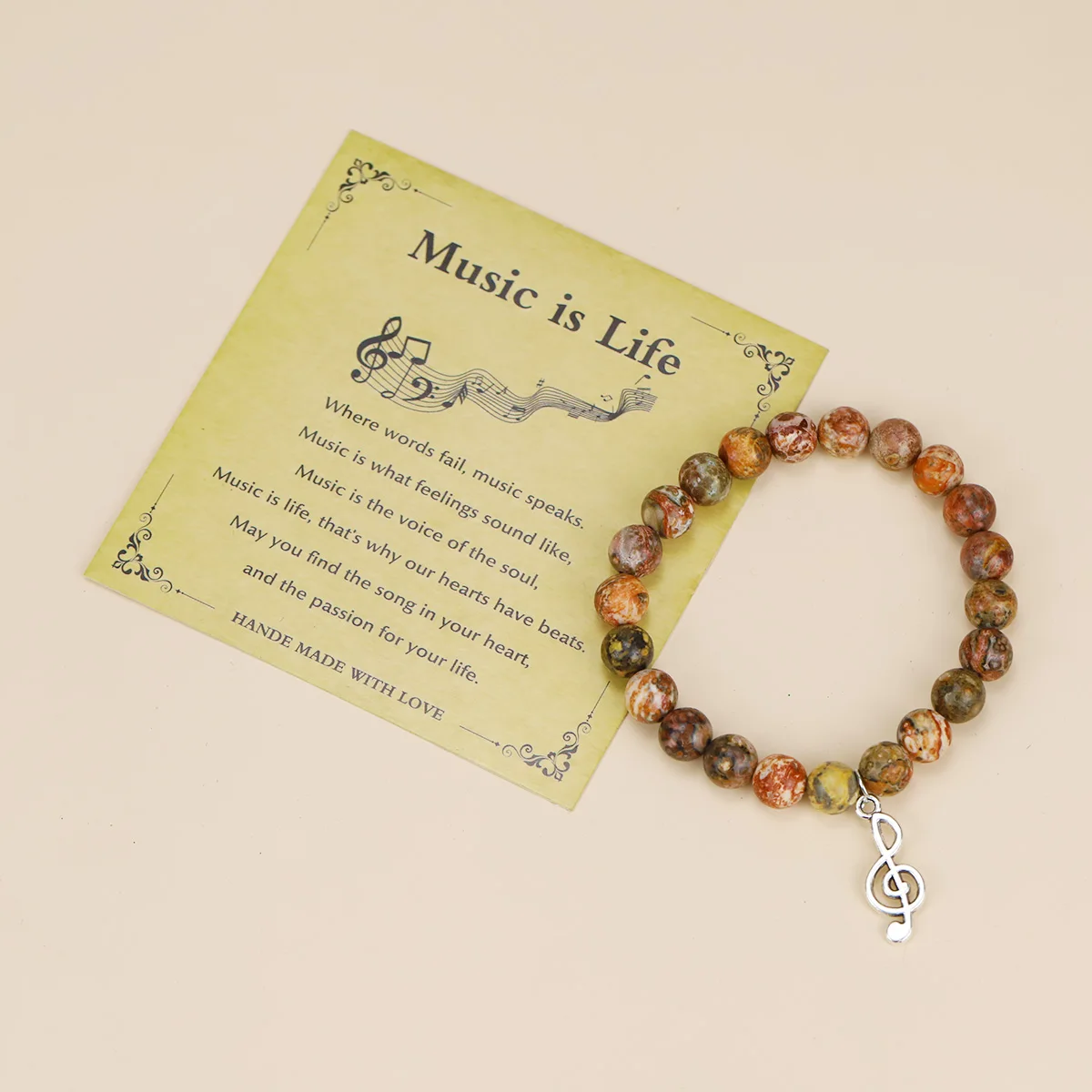 Handmade Natural Stone Beads Music Charms Women Bracelet With Blessing Card,Gift For Music Teacher Singer Friendship Jewelry﻿