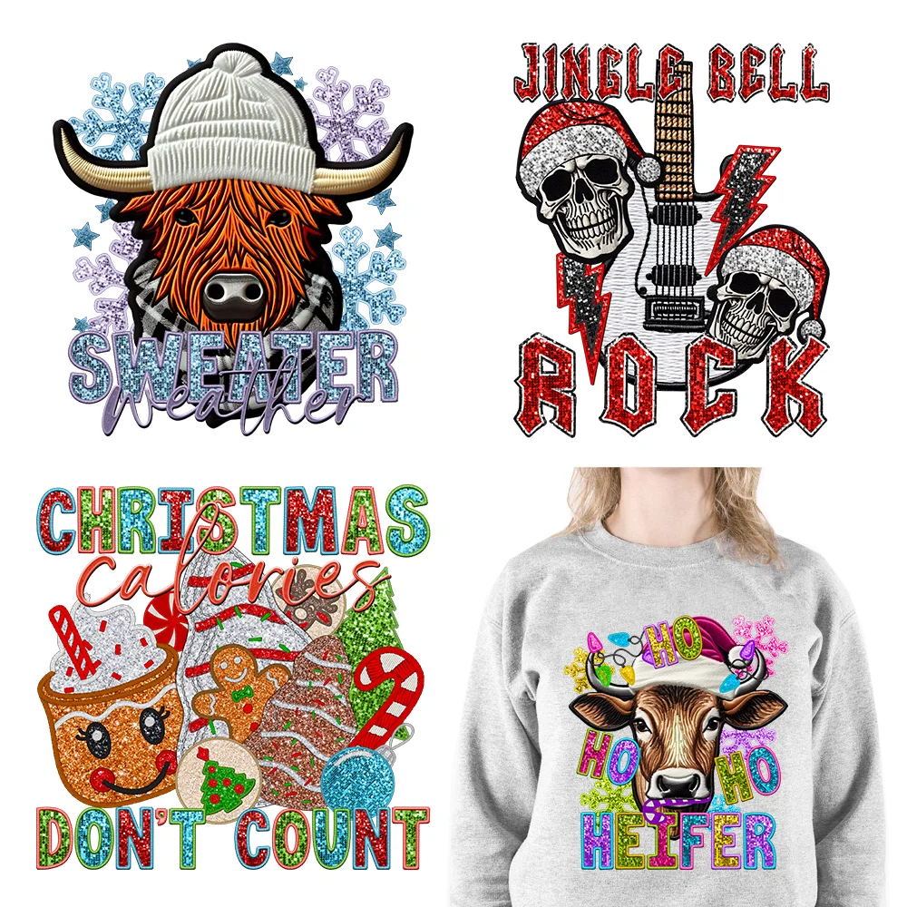 

Iron On Faux Glitter Christmas Animal Cow Snowman Santa Decals DIY Hot Chocolate Season Transfer Stickers For Sweat Hoodies