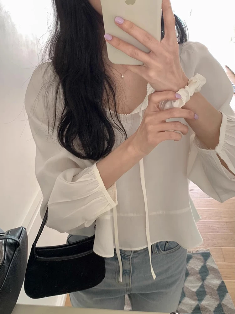 

Chic Spring Anti-Aging Loose Fit Thin Long Sve irt with Wood ain Versatile Korean Sle Commute Wind Blouse Top