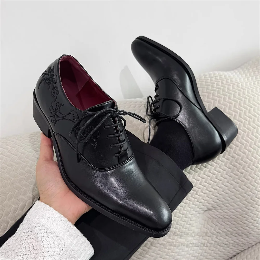 2026 New Spring Summer Embroidered Derby Shoes for Men Pointed Toe Height Increasing Lace Up Casual Leather Handmade Shoes