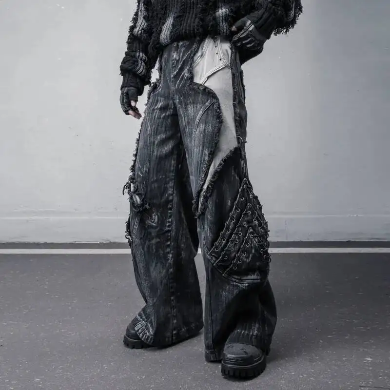 HKSH Spring Autumn New Men Waste Land Dark Style Heavy Retro Dirty-Dyed Patchwork Frayed Edge Jeans Techwear Denim Pants HK13386