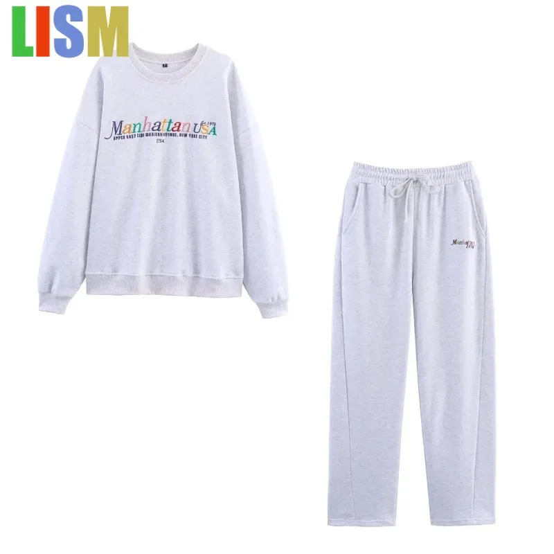 

LISM Women's tracksuit Pants Set for Women Co-ord Sets Varsity O-Neck Sweatshirt and Drawstring Pants with Contrasting Text
