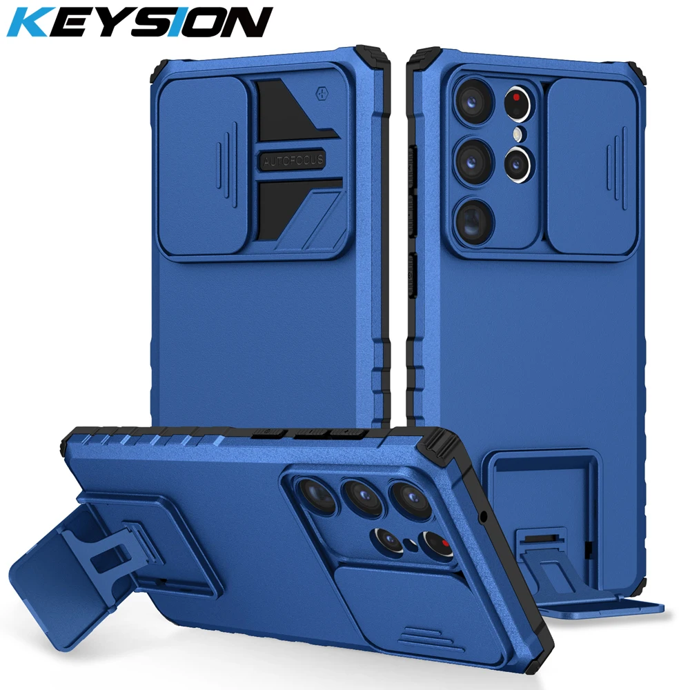 KEYSION Shockproof Case for Samsung S23 Ultra 5G S22+ S21 FE Slide Camera Lens Protection Stand Phone Cover for Galaxy Note 20