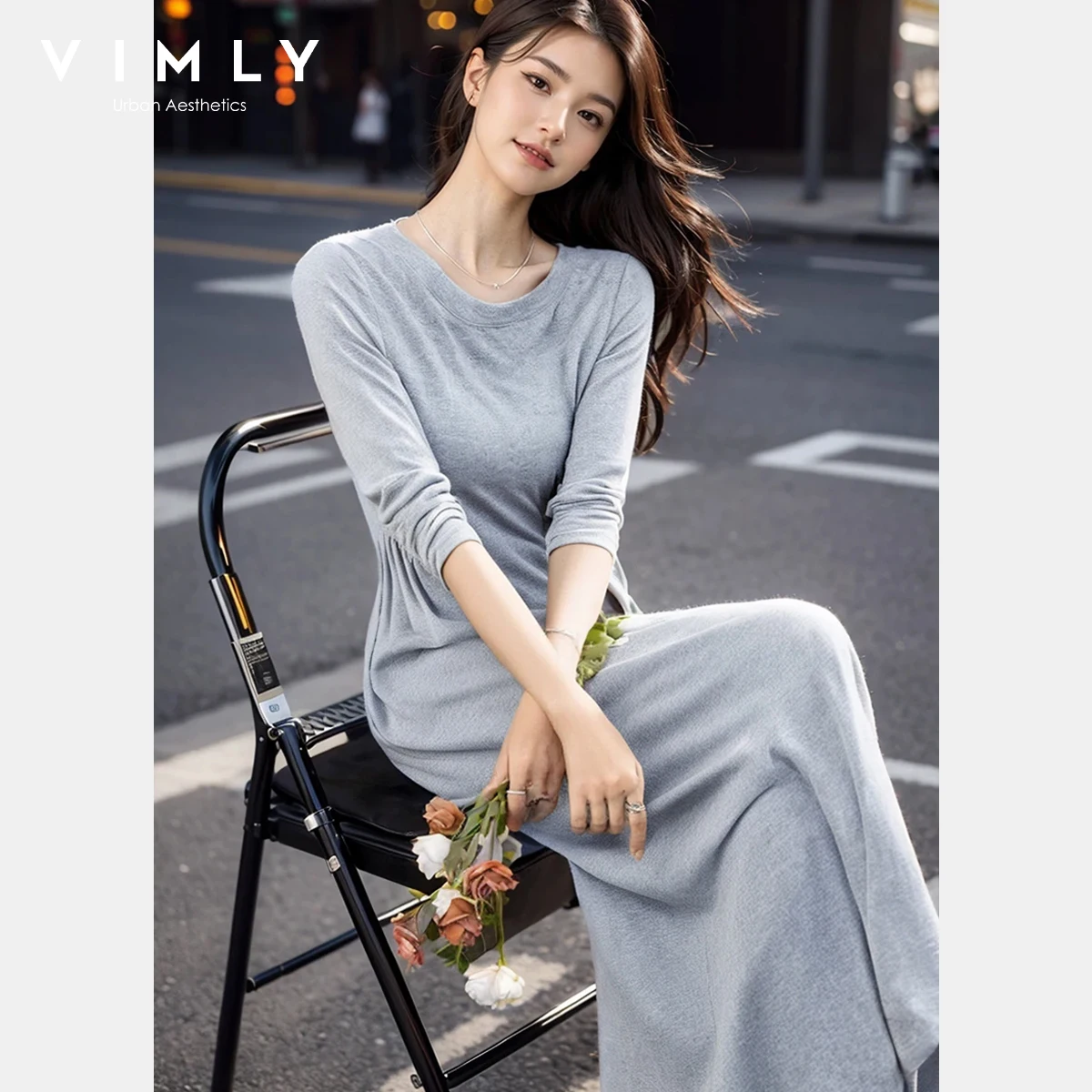 

Vimly Women's Midi Dress 2025 Autumn French Style Figure-Flattering Long Sleeve A-Line Dress Elegant Versatile Office Wear M8667