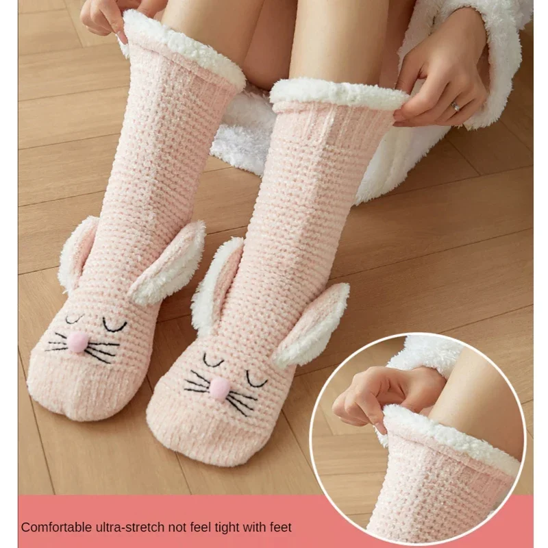 Thermal Socks Fuzzy Women Plush Winter Warm Non Slip Grip Soft Female Rabbit Ear 3D Kawaii Fluffy Floor Slippers Sock Funny 2025