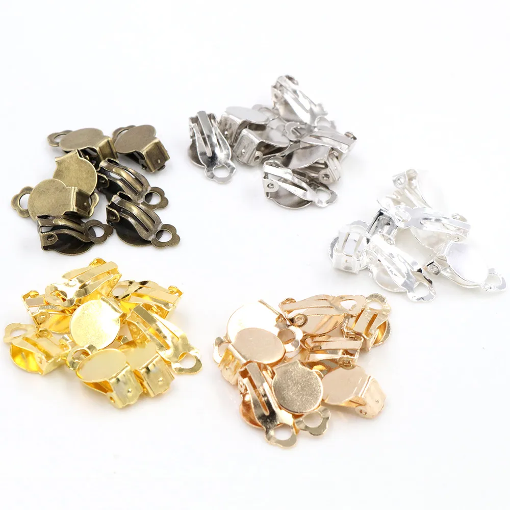 50pcs 10mm  High Quality 5 Colors Plated Iron Material Ear Clips ,Earrings Blank/Setting Base,Fit 10mm Glass Cabochons