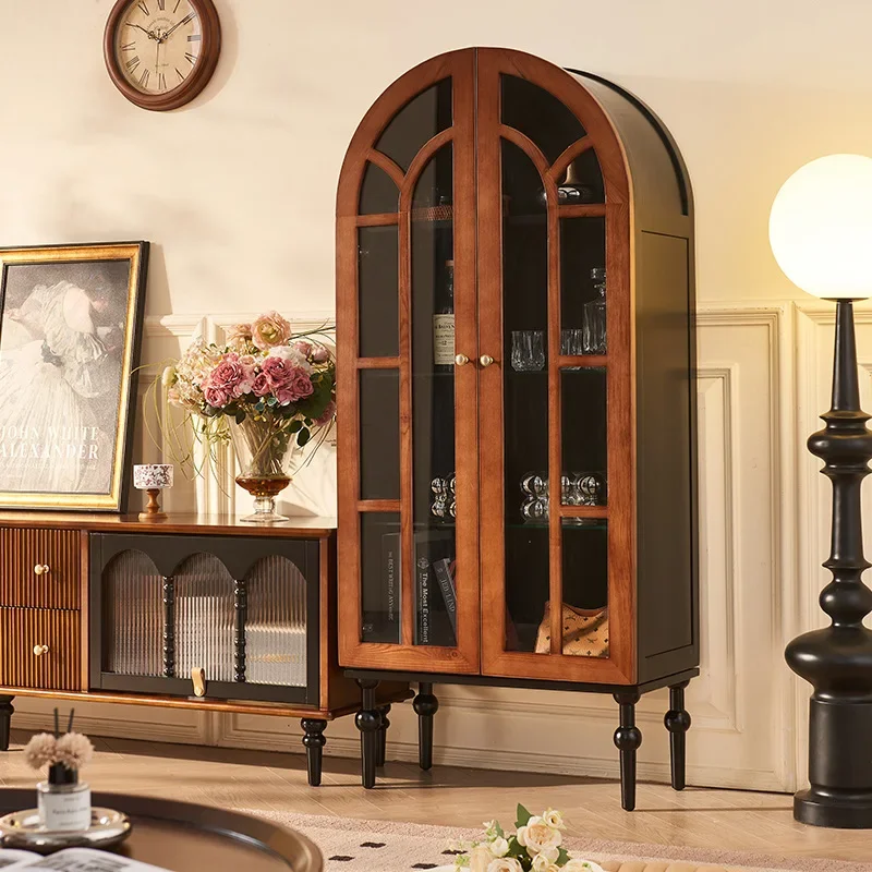 Retro solid wood wine cabinet, arched integrated display of high-end storage side cabinet