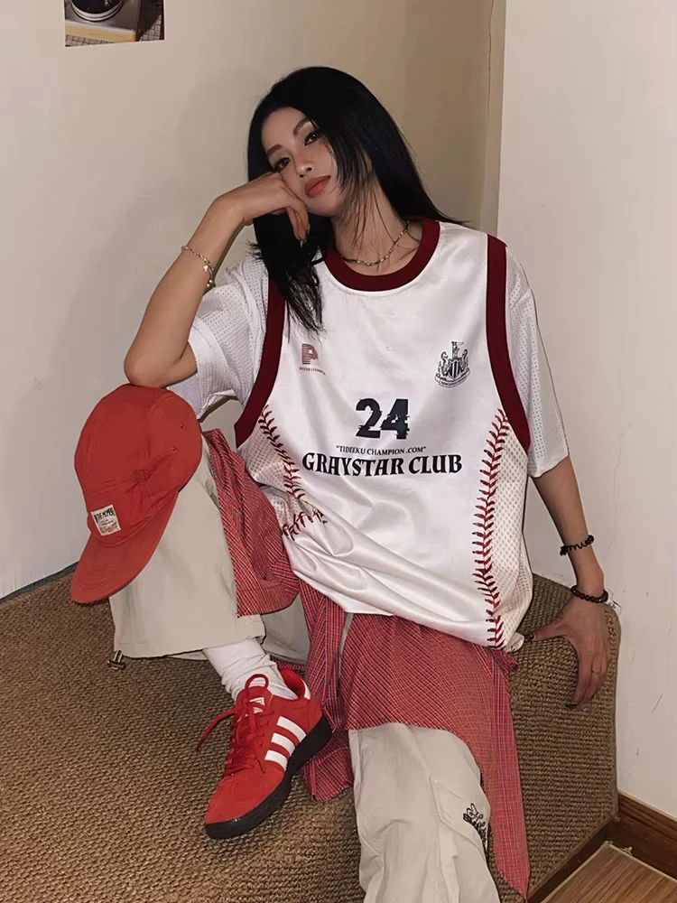 

American Street Design Contrasting Color Fake Two Sports Jerseys Short-Sleeved T-Shirts Women's Summer Loose Couple Tops