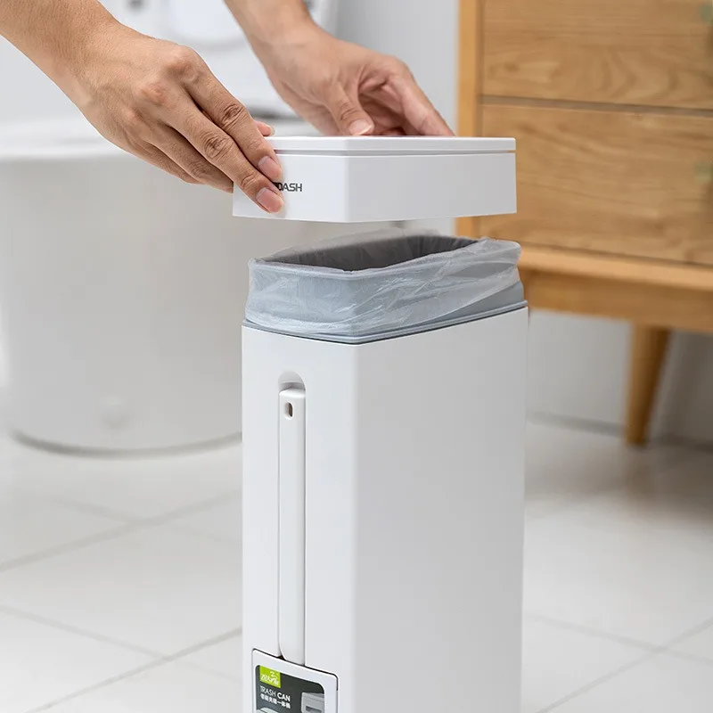 Slim Trash Can for Narrow Spaces with Cleaning Brush Lid and Toilet Brush for Bathroom Trash Garbage Bin