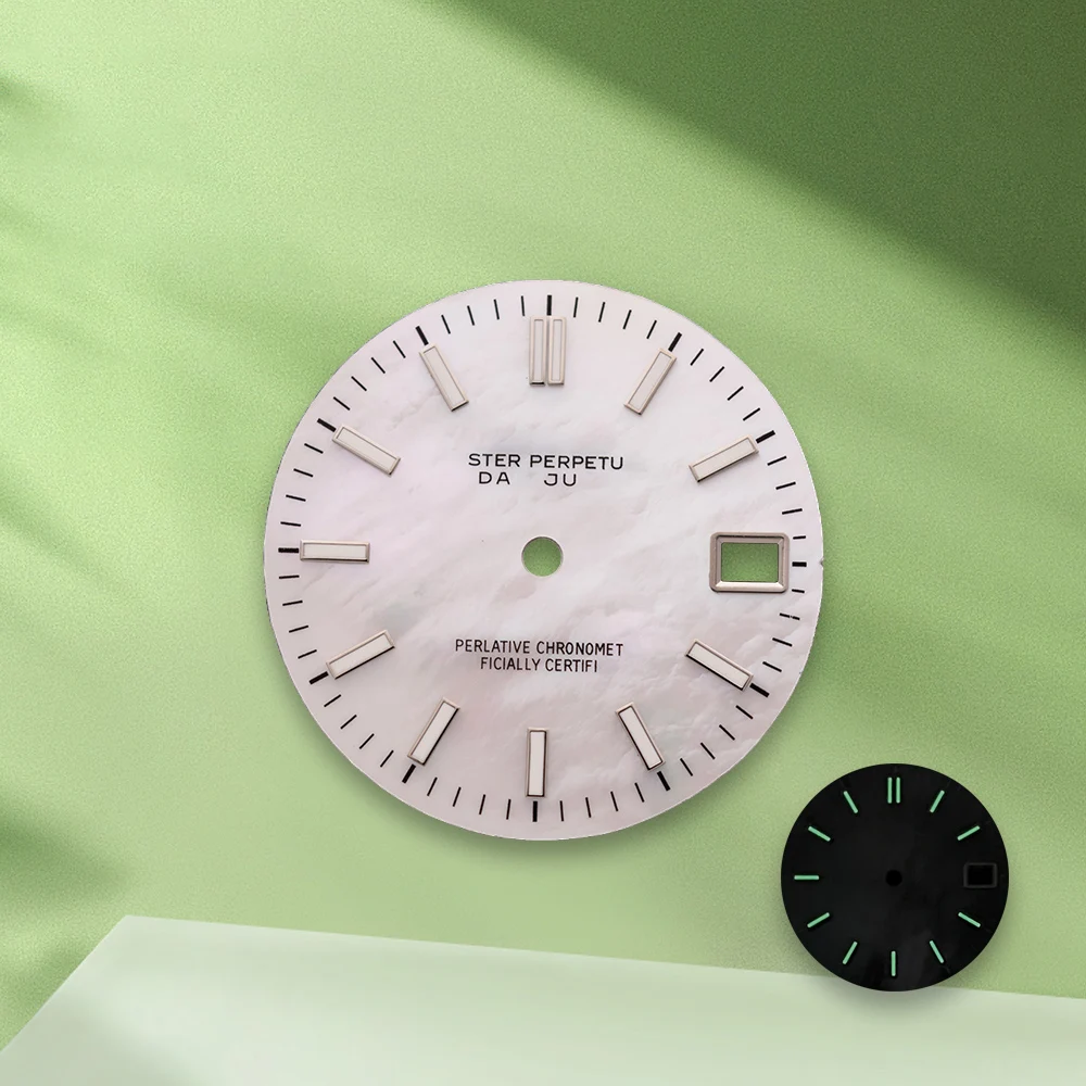 28.5mm S Logo journal NH35 Mother pearl Dial No Hands Fit NH36 Movement Green Luminous Watch Modification Accessories