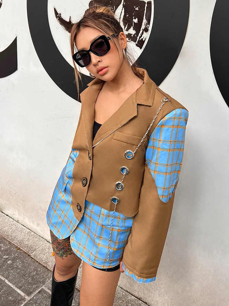 TWOTWINSTYLE Plaid Colorblock Blazer For Women Notched Long Sleeve Patchwork Chain Loose Blazers Female Autumn Fashion Clothing