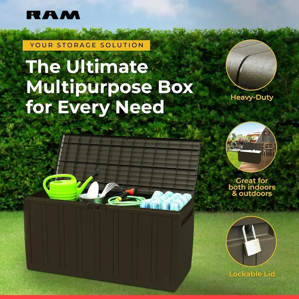 71 Gallon Brown Outdoor Storage Bin for Deck Boxes, Patio Furniture, Cushions, Tools, and Pool Accessories