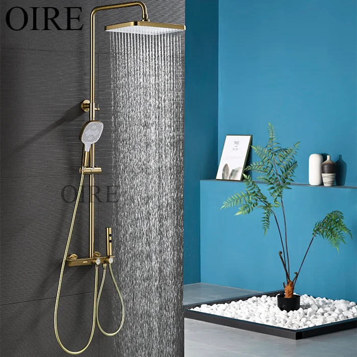Oire Luxury Brass Thermostatic Shower Set Brushed Gold Exposed Soft Rain Shower System Slide Bar Hotel Use