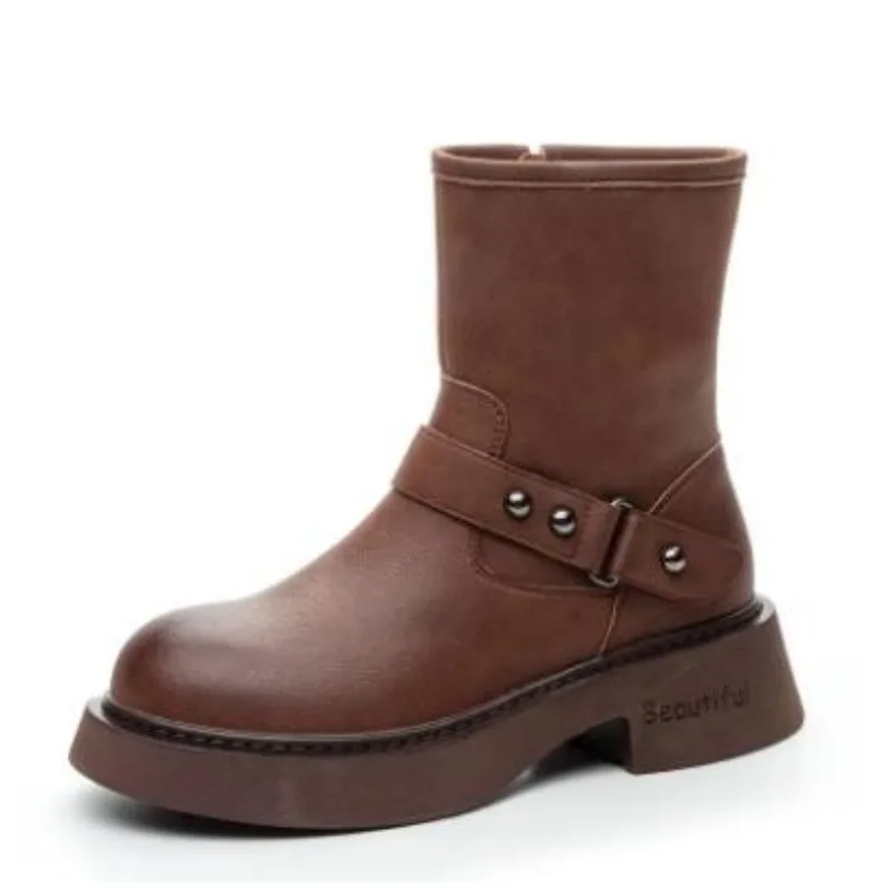 

Женские ботинки до середины икры на толстом каблуке 4 см в британском стиле, зимние черные толстые плюшевые ботинки из натуральной воловьей кожи на платформе с молнией, теплые хлопковые зимние ботинки