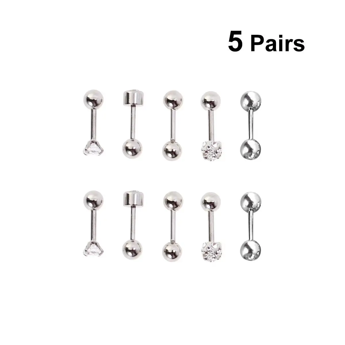 5 أزواج من الفولاذ المقاوم للصدأ الحديد الأذن ترصيع مجموعة 5 أنماط كرة مستديرة مربع الغضروف اللولب الزنمة ثقب الأقراط