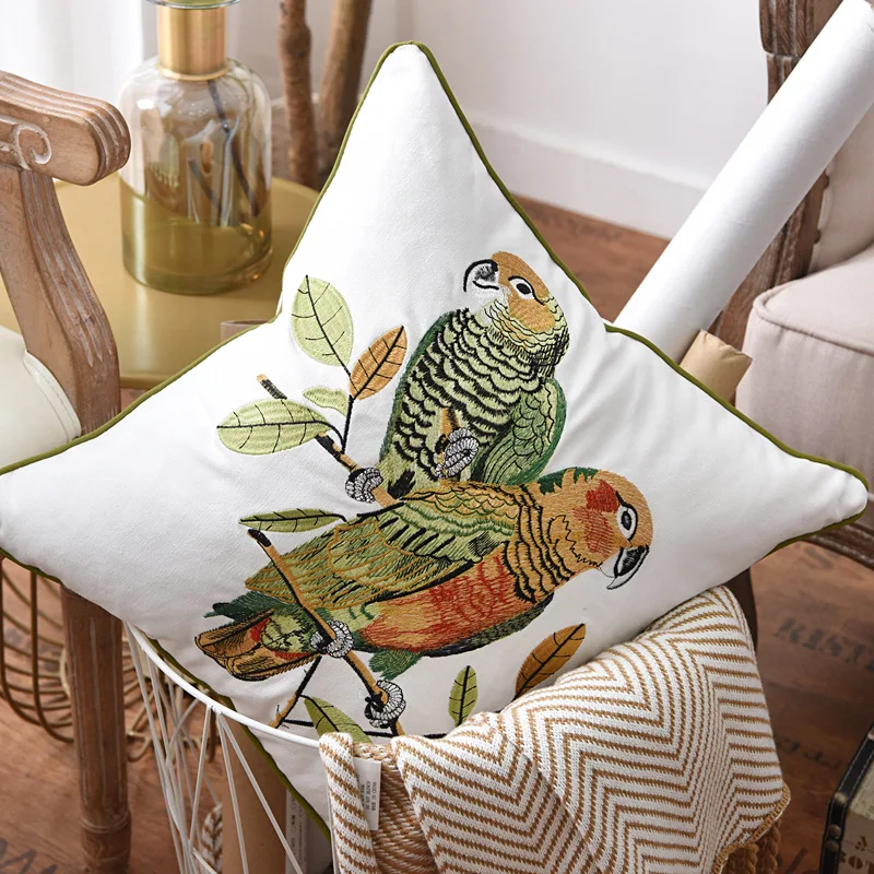 Pillow Cover Parrot Embroidered Pillowcase Sofa Cushion Cover Home Textile Decoration Cotton and Linen 45x45