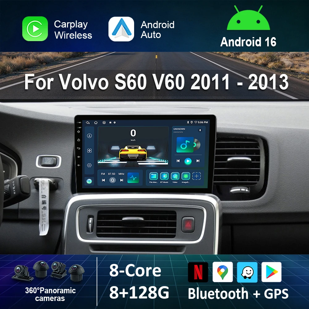 9 inch For Volvo S60 V60 2011 - 2013 Car Multimedia Video Radio Player Touch Screen Android 16 Wireless Carplay GPS Navigation