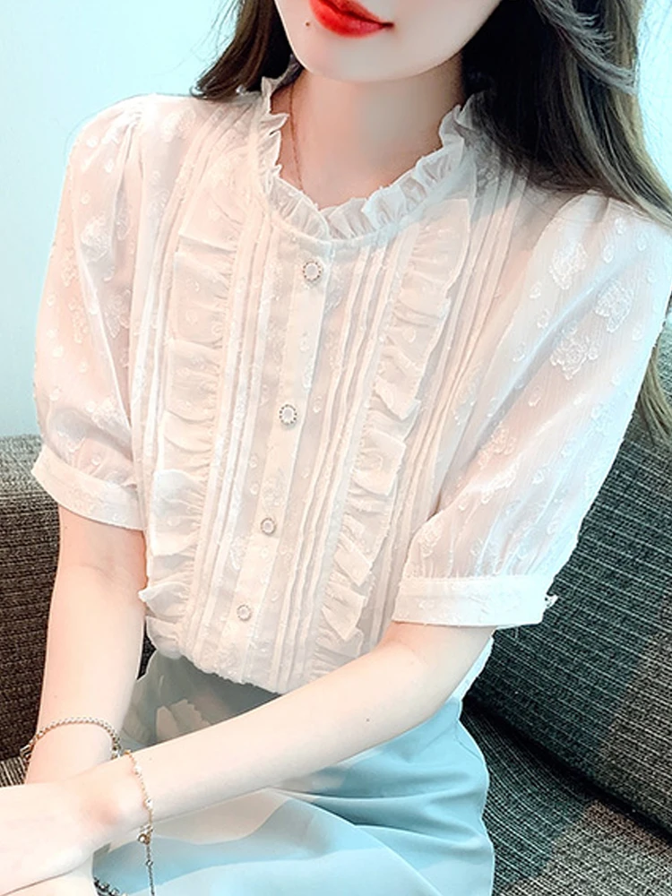 

Summer New Women Tops Short Sleeve Ruffles White Chiffon Blouse Shirt Blusas Mujer De Moda 2024 Verano Blouse Women Shirts G492