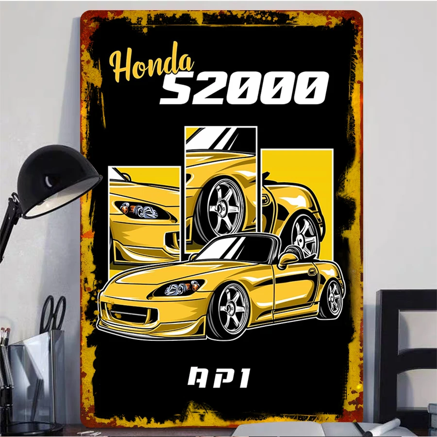 Honda S2000 AP1 Sports Car Metal Wall Art Yellow Convertible Decor for Garage Man Cave