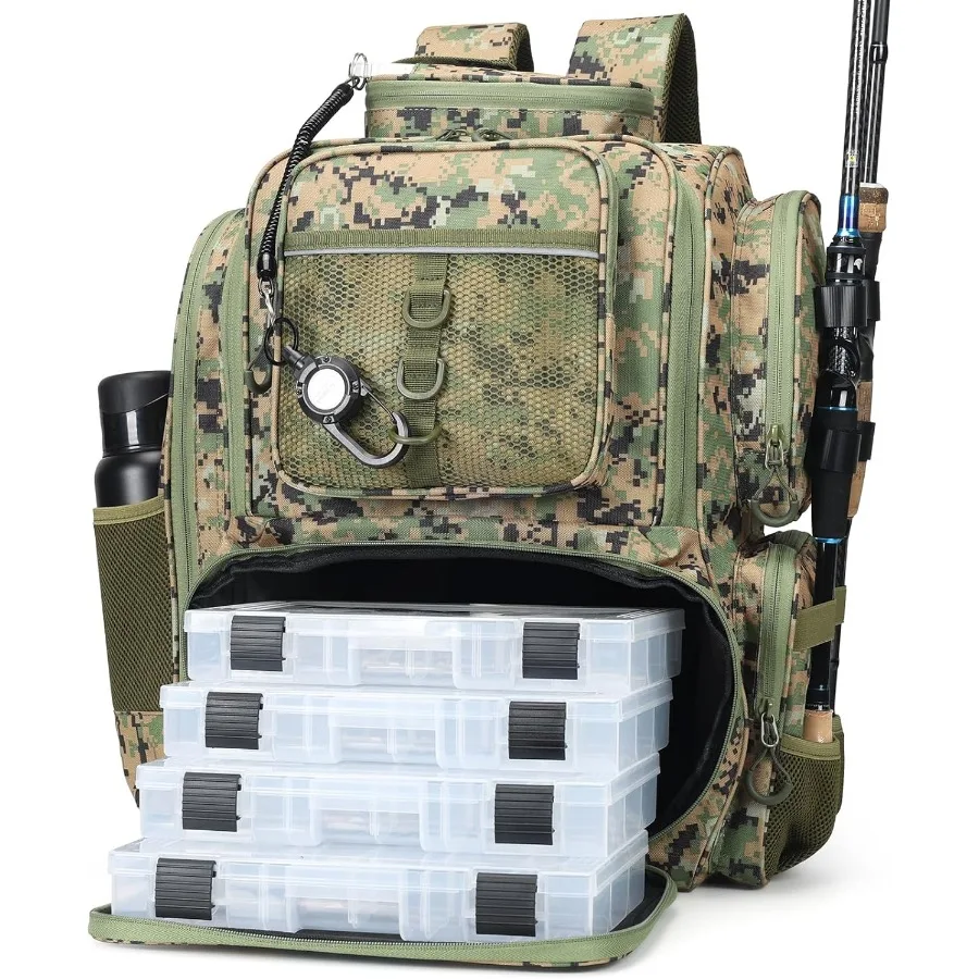 حقيبة ظهر لصيد الأسماك مع 4 صناديق معالجة لعشاق الصيد في الهواء الطلق، حقيبة أدوات ذات سعة كبيرة مصنوعة من متينة ومقاومة للماء