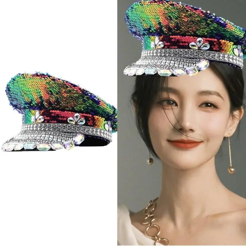 652F Fedora Hat Glittering Flat Top Hat Bridal Shower Party Night Club Hat