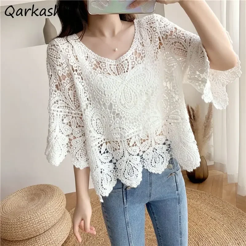 

Hollow Out Knitted Blouses Women Loose Literary Summer Thin Breathable Vintage Solid Casual Korean Style Fashion Elegant Chic