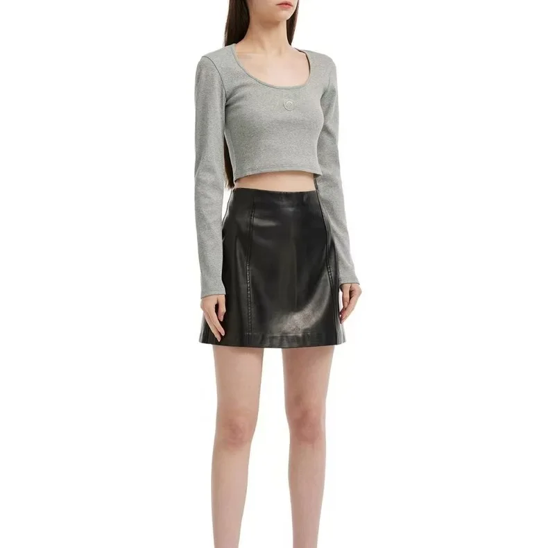 

Embroidered Moon Design Slim Fit Long Sleeve T-Shirt Short Style round Neck Base Shirt Vest Top Casual Fashion Women's Tee