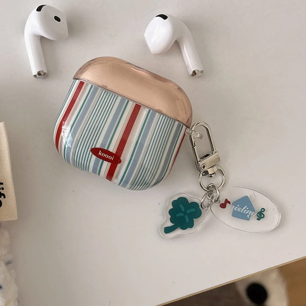 Retro Series Stripe Contrast Color Case For AirPods 1 2 3 Pro 2 4 ANC Pro2 Soft IMD Earphone Protective Cover with Keyring funda