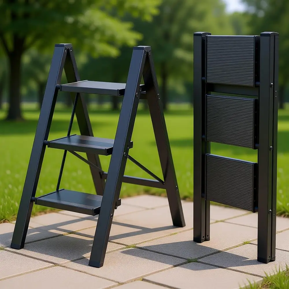 Escalera Plegable Compacta de 3 Peldaños, Taburete Ligero para el Hogar con Peldaños Anchos, Utilidad para la Cocina, Ahorra Espacio, Fácil de Guardar, Soporta 300 kg