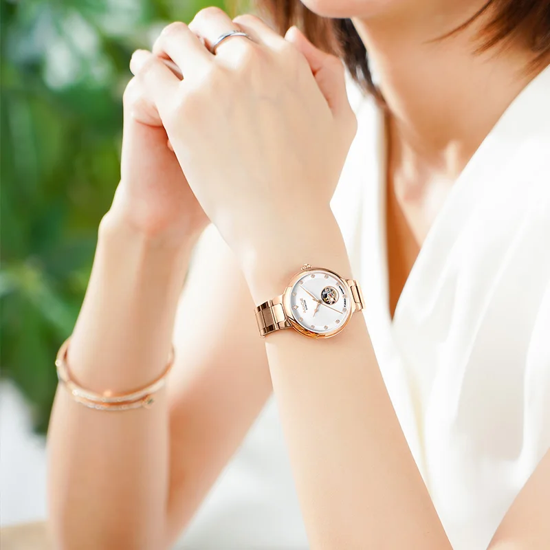 Elegant MIGE Ladies Automatic Watch, Rose Gold Steel Bracelet, Hollow Movement Dial, Crystal Hour Markers Women Mechanical Wrist