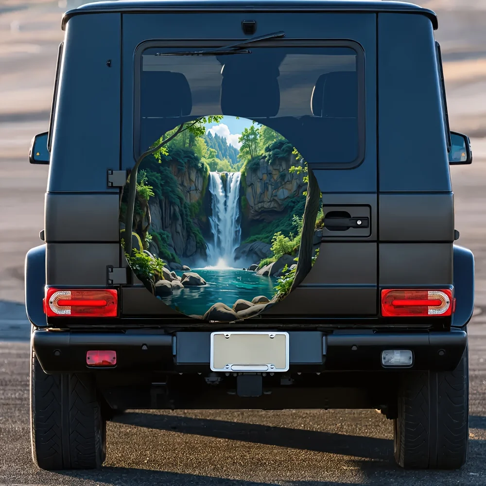 1pc 2D Flat-Printed Tire Cover Featuring A Waterfall And Numerous Trees (3) Made Of Polyester, Designed For Car Decoration In Ho