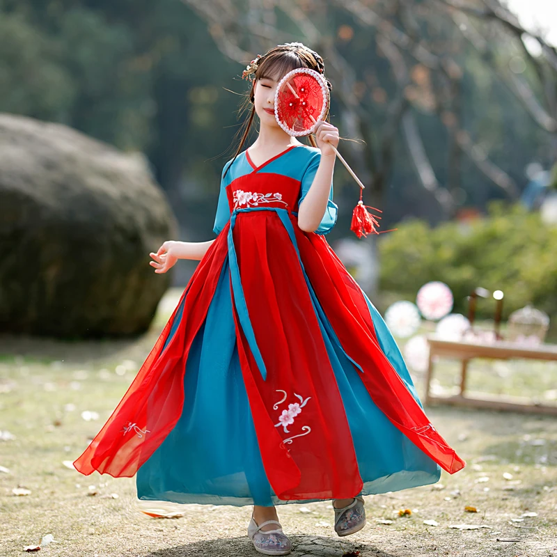 Toddler Baby Girl Chiffon Dress Vintage Flower Embroidery Patchwork Children Hanfu Cosplay Costume Kid Fairy Ancient Style Green