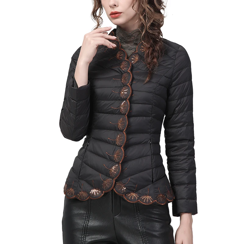 Elegant Vintage Women\' Black Embroidered Slim Short Down Jacket 2022 Winter New Warm Lightweight Puffer Coat V-Neck Cotton Tops